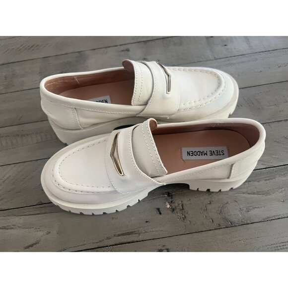 Steve Madden Lawrence White Bone Leather Chunky Platform Loafers Size 6 - Picture 8 of 9